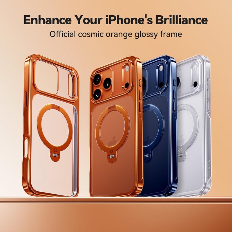 CASEKOO Cosmic Orange Glossy for iPhone 17 Pro Max Case [360 Spin Magnetic Stand][Fit for MagSafe][17FT Military Protection] Slim Polished Frame Titanium Alloy Sturdy Stand 6.9", Cosmic Orange - Image 2